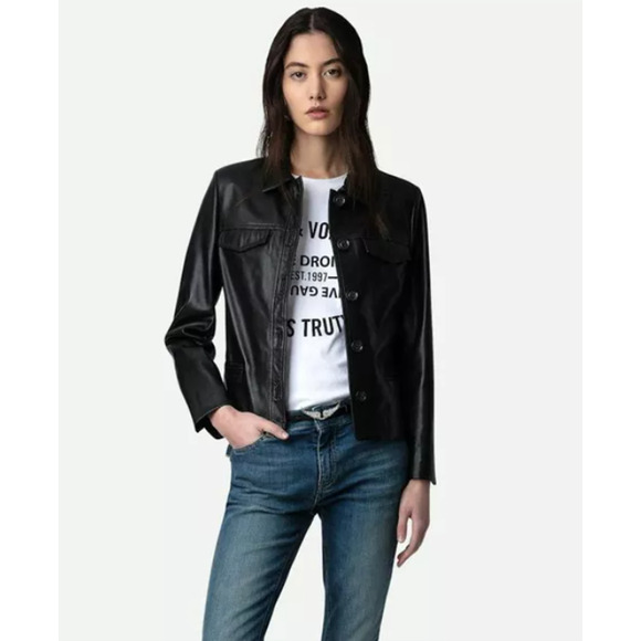 Zadig & Voltaire Liam Lamb Leather Jacket Black Size Medium $698